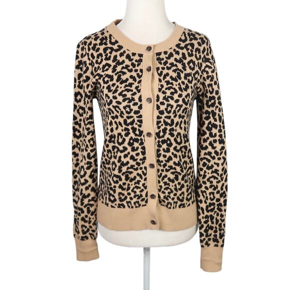 J. Crew tan and black leopard print cotton knit cardigan sweater XXS - Picture 1 of 7